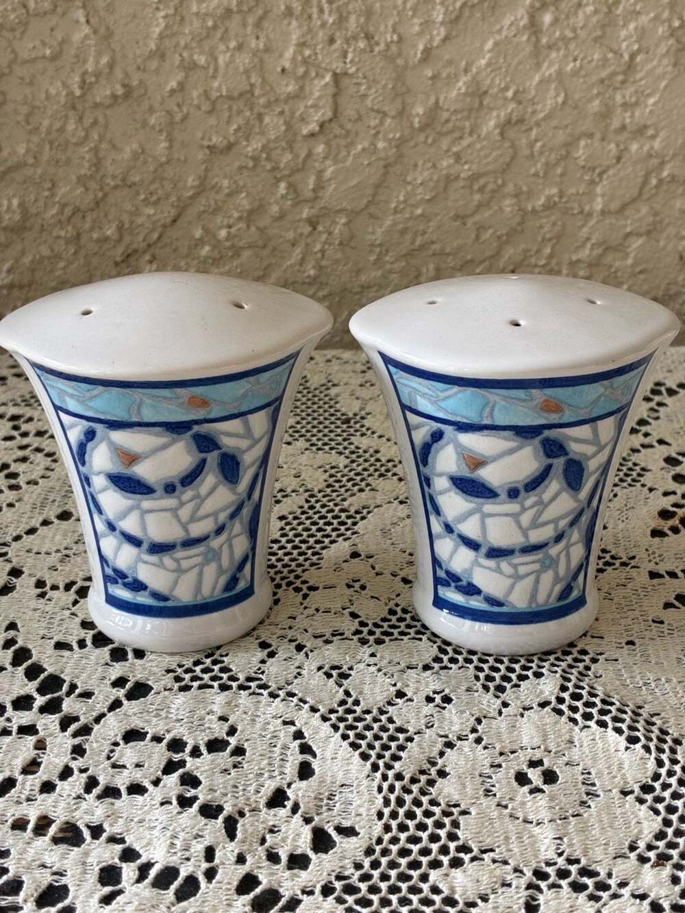 Pfaltzgraff Mosaic Blue and White Ceramic Salt and Pepper Shakers